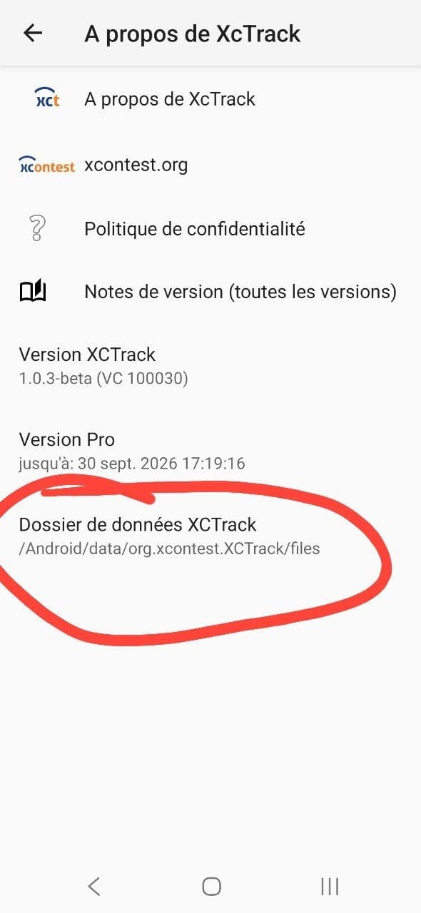XCTrack's About screen showing the XCTrack data folder path /Android/data/org.xcontest.XCTrack/files