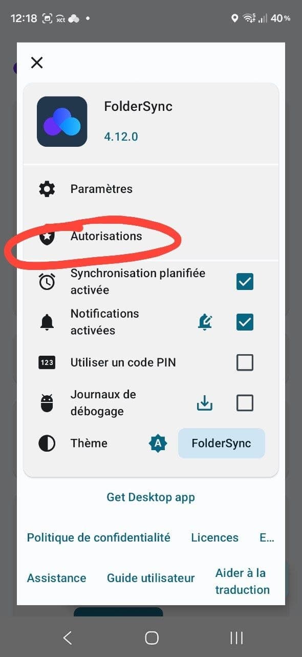 FolderSync 4.12 app menu with the Permissions row circled