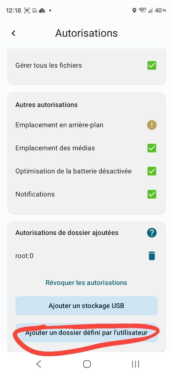 FolderSync's Permissions screen with the "Add user-defined folder" button circled