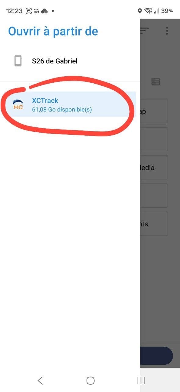 Android's "Open from" drawer with the XCTrack shortcut circled